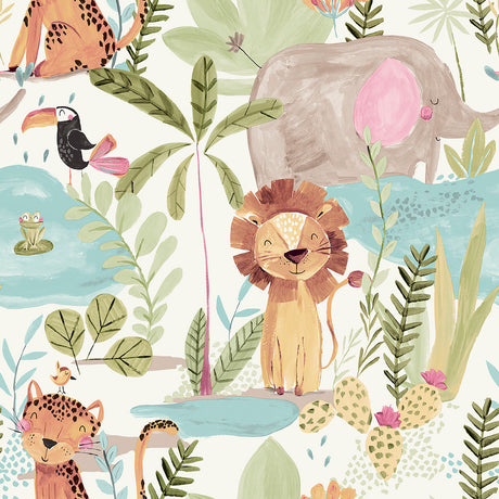 Advantage In The Jungle multicolor animal friends wallpaper with lions, leopards, toucan and jungle plants on white
