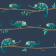 Advantage Chameleon Family Navy kids animals wallpaper roll showing teal chameleons on branches