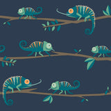 Advantage Chameleon Family Navy kids animals wallpaper roll showing teal chameleons on branches