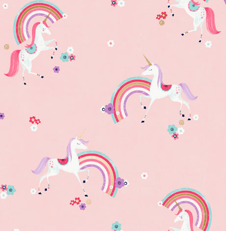 Rainbow Unicorn Pink Fantastical Wallpaper roll and pattern with unicorns and rainbows on pale pink
