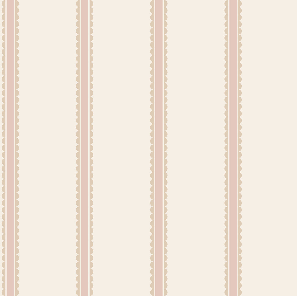 Bobbin Stripe Pink Scalloped Wallpaper showing vertical pink and beige stripes with scalloped edges on a white background.
