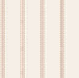 Bobbin Stripe Pink Scalloped Wallpaper showing vertical pink and beige stripes with scalloped edges on a white background.
