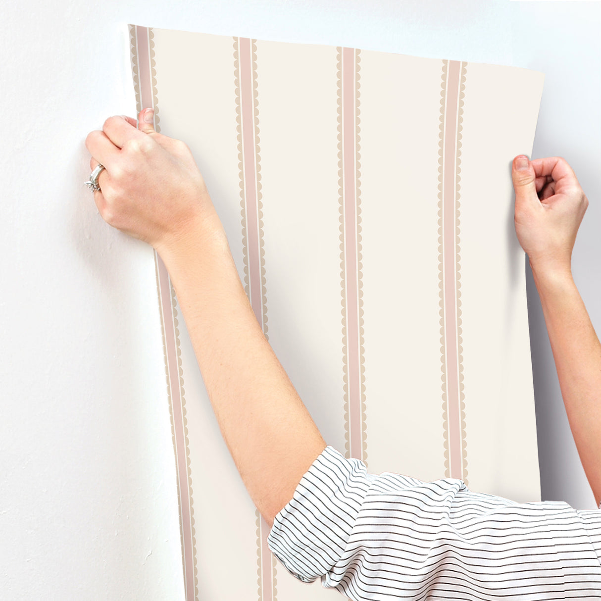 Bobbin Stripe Pink by Advantage Scalloped Non Woven Wallpaper – Brewster Home Fashions 4203-27576