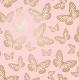 Metallic Butterflies Pink whimsical wallpaper with gold butterfly pattern