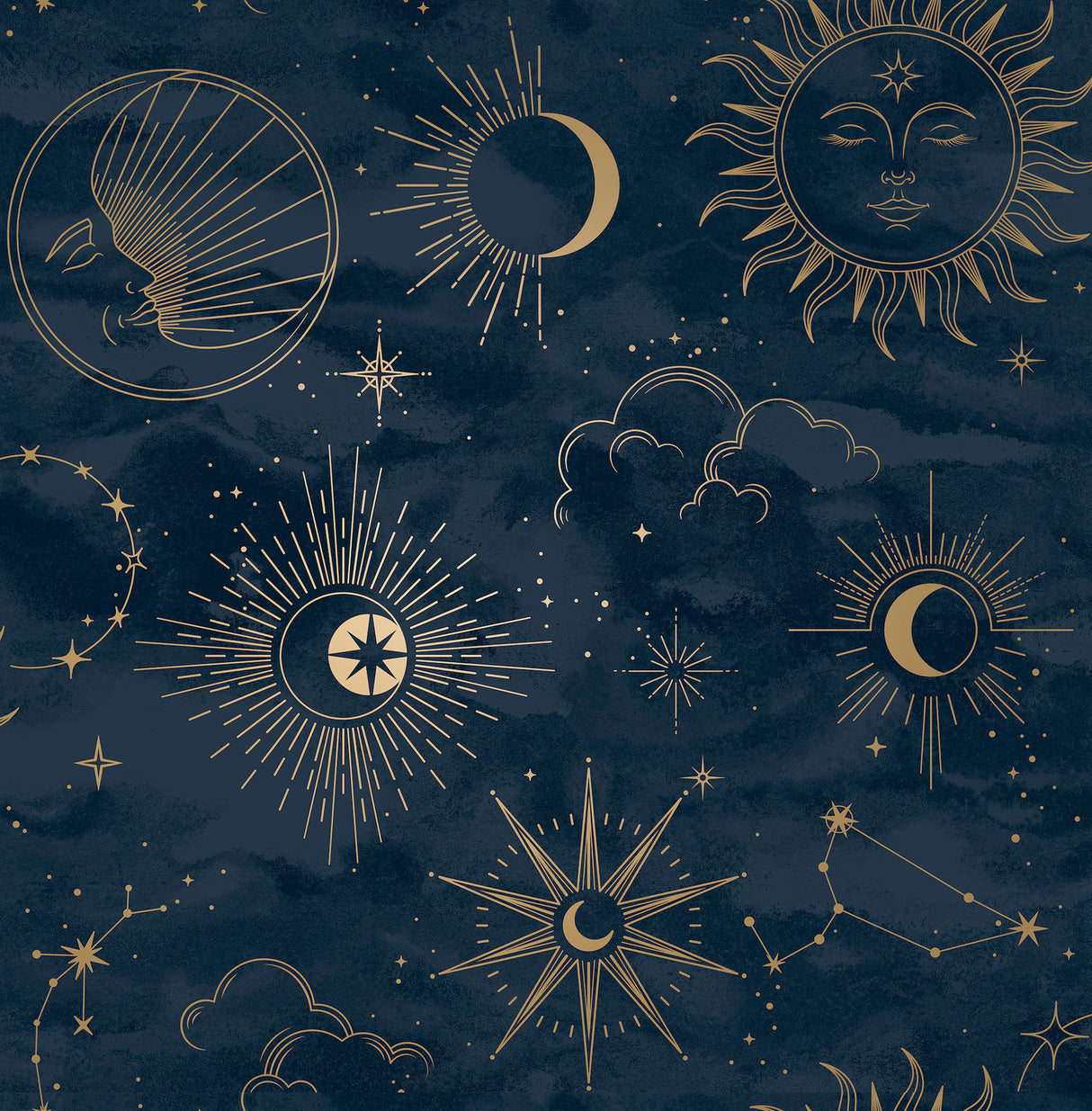 Advantage Mystic Navy Celestial Wallpaper roll showing gold celestial motifs on navy background