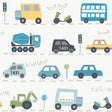 Road Traffic Blue Cars non woven wallpaper roll with cartoon vehicles in blue, teal, yellow, and grey on white.
