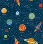 Advantage Solar System Blue Outer Space Wallpaper pattern with labeled planets and rockets