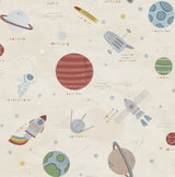 Advantage Space Adventure beige kids wallpaper with planets, rockets, astronaut and satellites; 20.5 in x 33 ft roll.