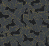 Dressage Gold Stallions Wallpaper featuring metallic gold outlined horse silhouettes on a slate grey and black background by Ronald Redding Designs