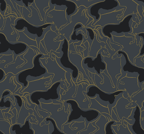 Dressage Gold Stallions Wallpaper featuring metallic gold outlined horse silhouettes on a slate grey and black background by Ronald Redding Designs