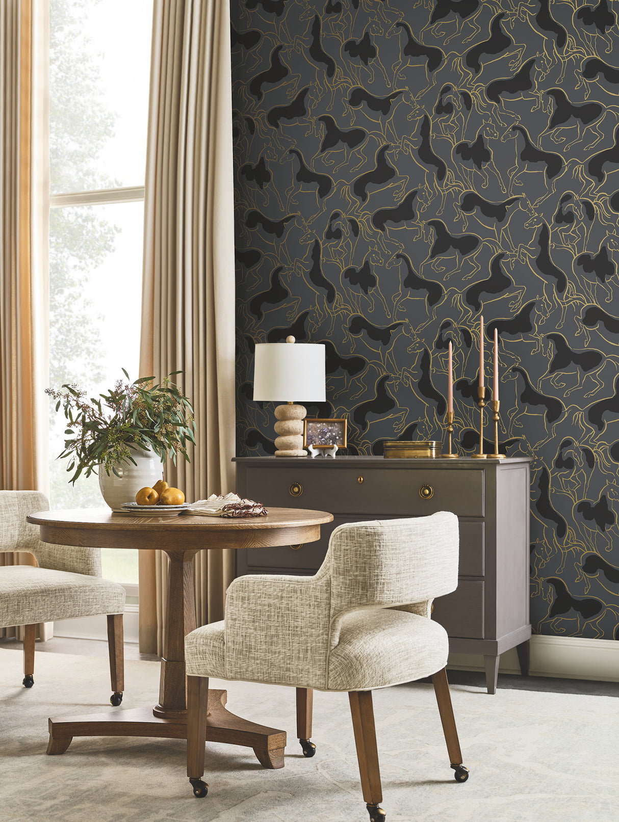 Dressage Gold Stallions Metallic Equestrian Allover Non Woven Unpasted Wallpaper in Gold and Slate by Ronald Redding - 4211-83504