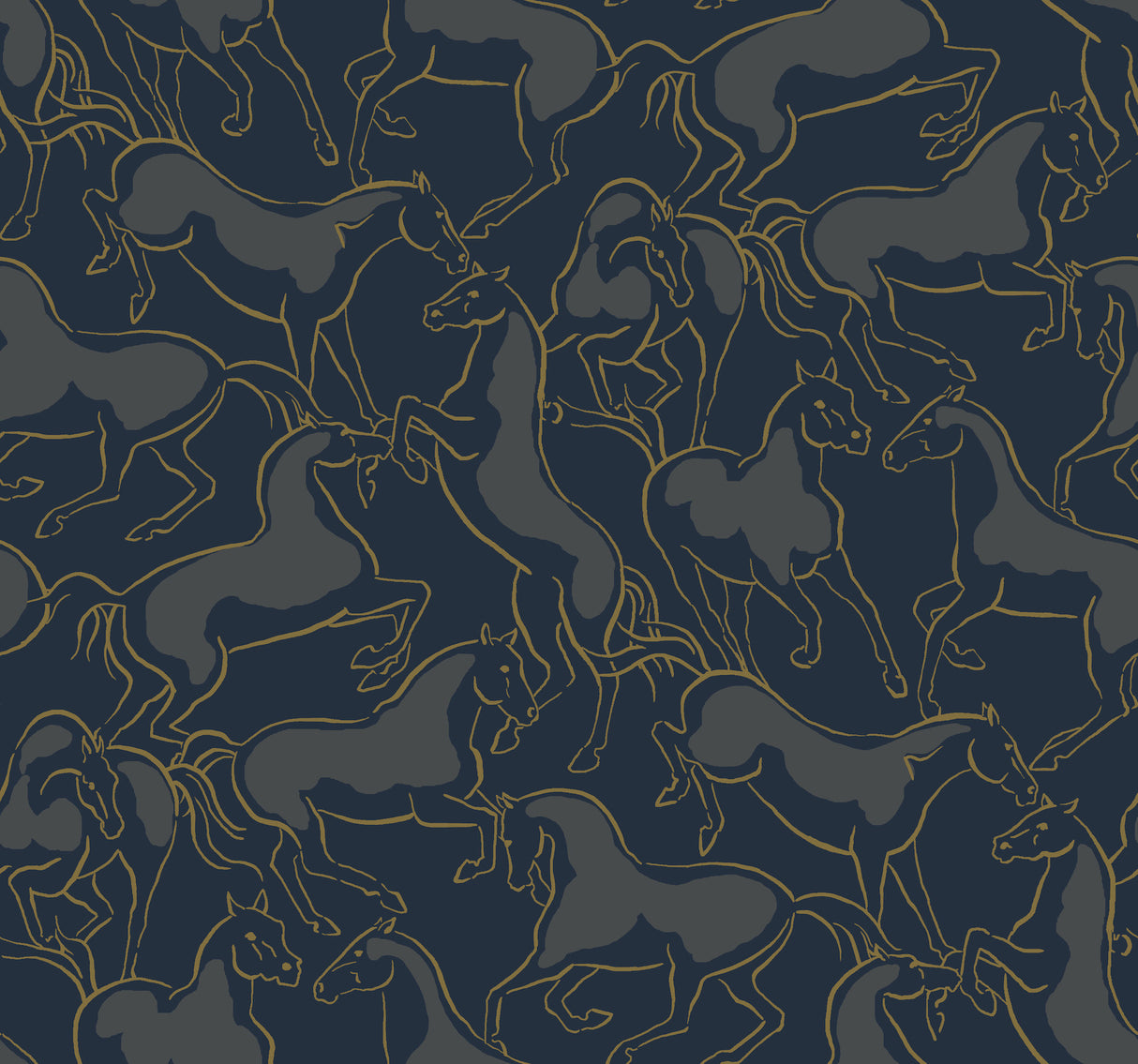 Dressage Navy Stallions Wallpaper by Ronald Redding featuring metallic gold outlined horses in movement against a rich navy and dark grey background
