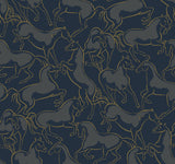 Dressage Navy Stallions Wallpaper by Ronald Redding featuring metallic gold outlined horses in movement against a rich navy and dark grey background