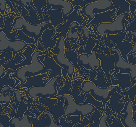 Dressage Navy Stallions Wallpaper by Ronald Redding featuring metallic gold outlined horses in movement against a rich navy and dark grey background