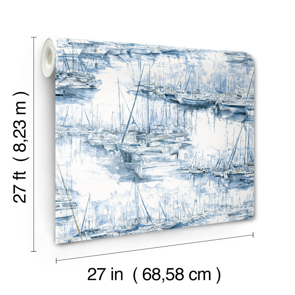 Yacht Club Blue and White by Ronald Redding Illustrative Coastal Scenic Sailboat Marina Watercolor Non Woven Wallpaper - 4211-83511