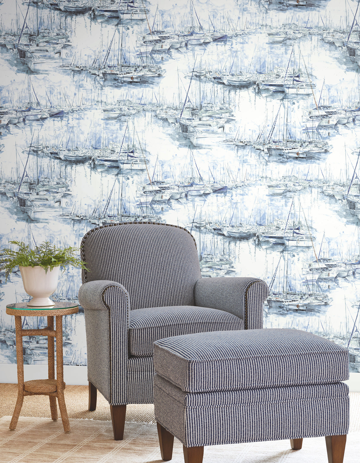 Yacht Club Blue and White by Ronald Redding Illustrative Coastal Scenic Sailboat Marina Watercolor Non Woven Wallpaper - 4211-83511