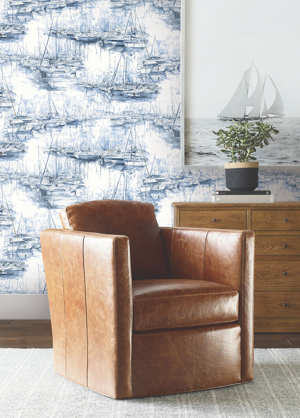 Yacht Club Blue and White by Ronald Redding Illustrative Coastal Scenic Sailboat Marina Watercolor Non Woven Wallpaper - 4211-83511