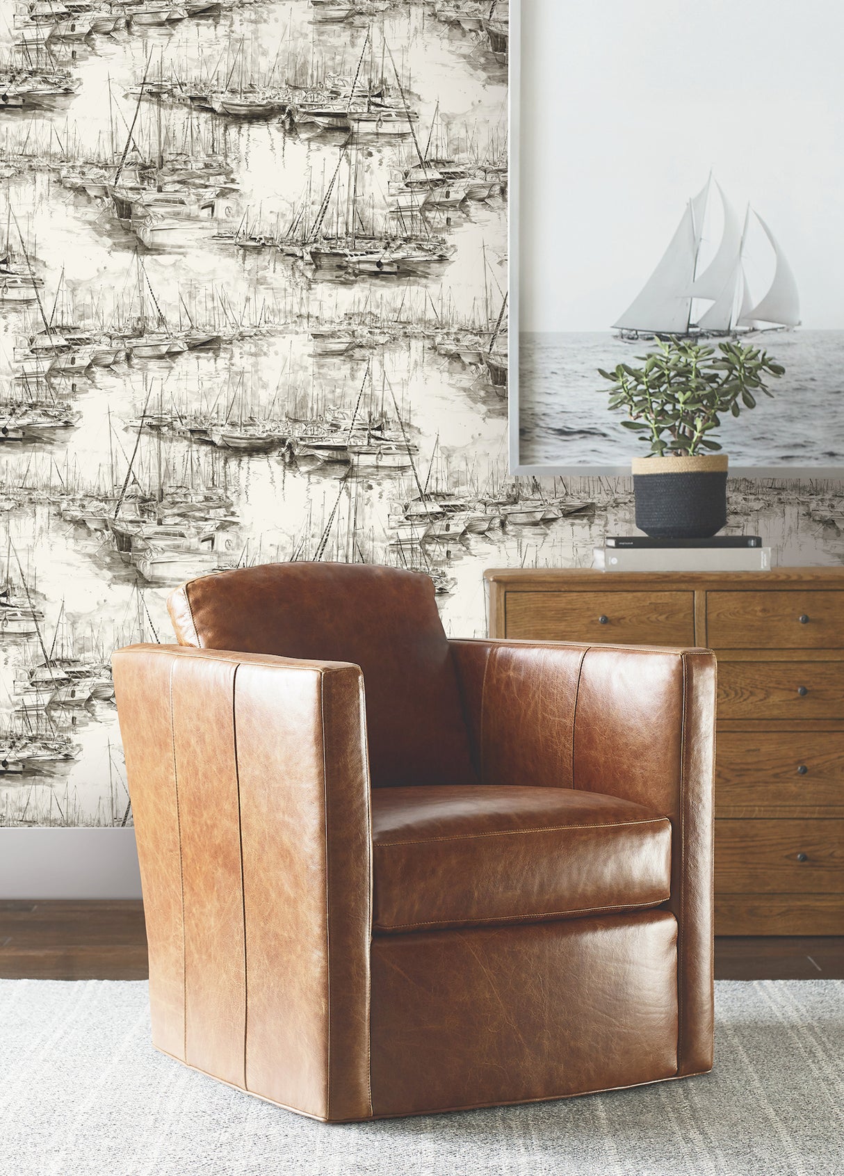 Yacht Club Taupe by Ronald Redding Coastal Scenic Illustrative Marina Docked Sailboats Unpasted Non Woven Wallpaper Private Reserve - 4211-83512