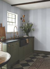 Archer Stripe Blue Faux Linen Wallpaper by Ronald Redding Private Reserve Transitional Pinstripe Non Woven Unpasted 4211-83528