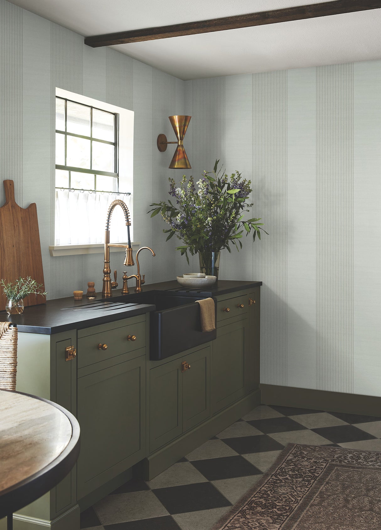 Archer Stripe Sage Faux Linen Wallpaper by Ronald Redding Private Reserve Transitional Pinstripe Non Woven Sidewall - York 4211-83530