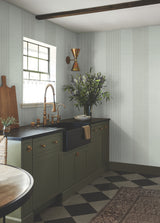 Archer Stripe Sage Faux Linen Wallpaper by Ronald Redding Private Reserve Transitional Pinstripe Non Woven Sidewall - York 4211-83530