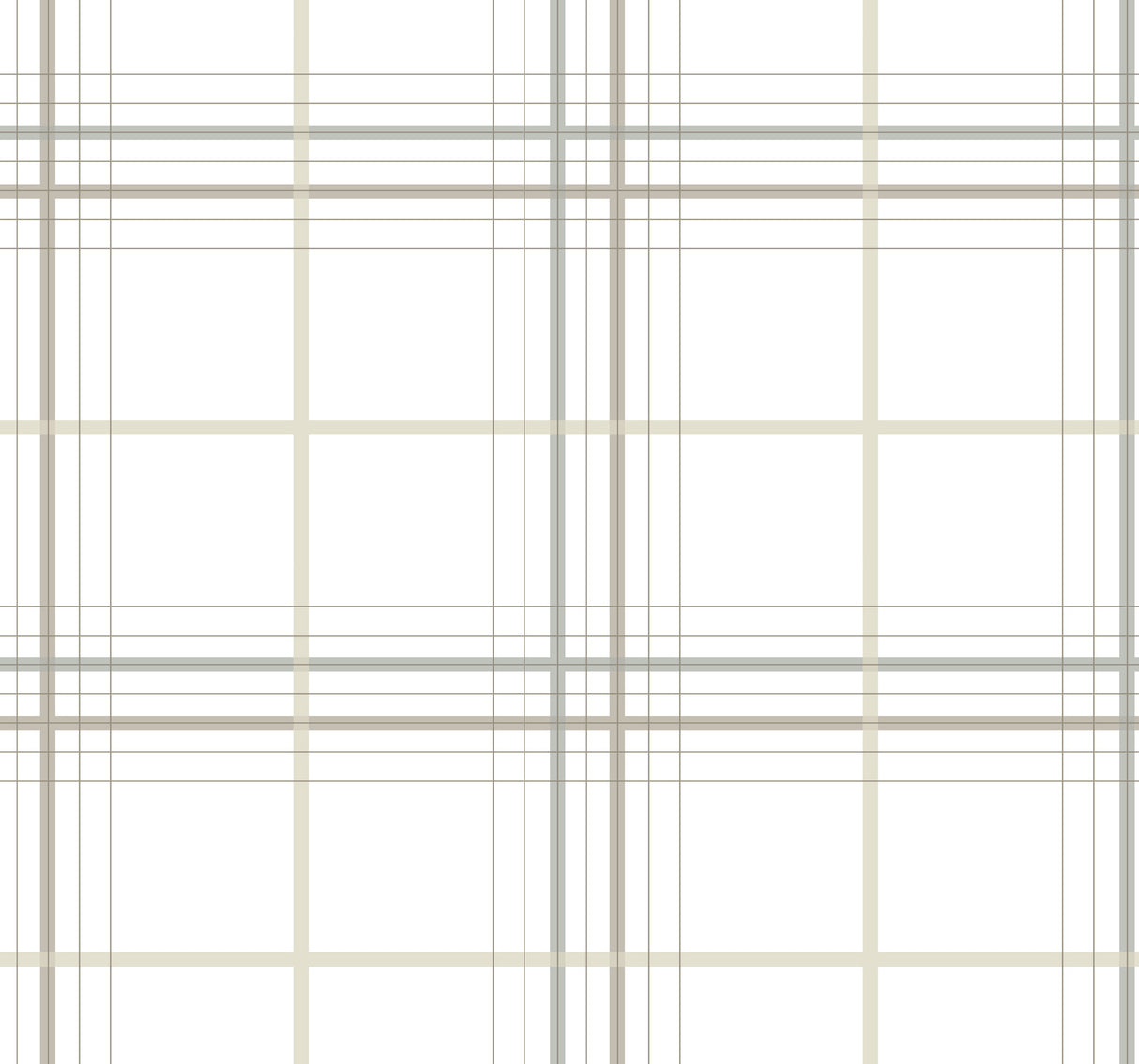 Lakeside Plaid White Tailored Wallpaper by Ronald Redding featuring a classic plaid pattern with beige, taupe, and grey gridlines on a crisp white background