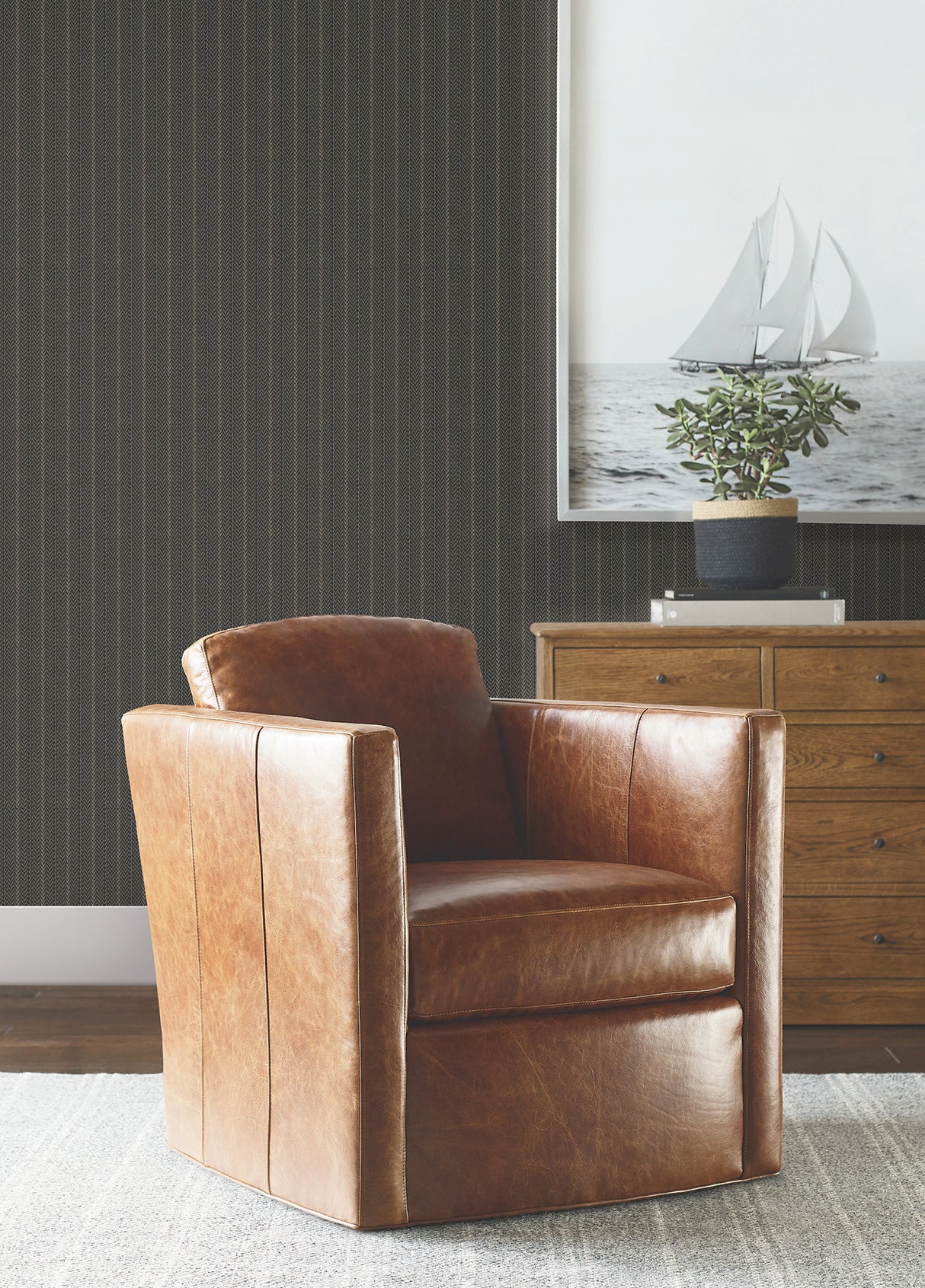 Elkan Stripe Black Herringbone Wallpaper by Ronald Redding from the Private Reserve Collection, Textured Non-Woven Unpasted Roll - 4211-83537
