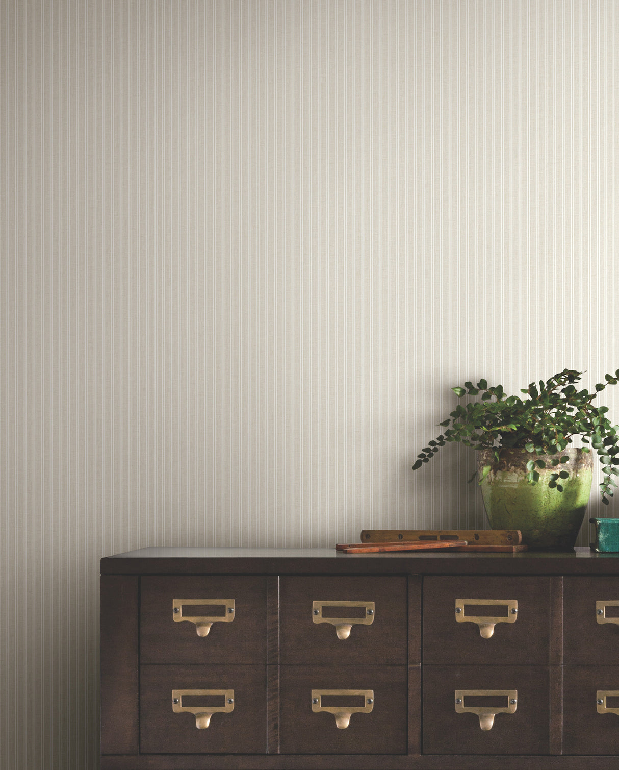 Ticking Stripe Beige by Ronald Redding Faux Linen Non Woven Unpasted Washable Strippable Farmhouse Stripe Wallpaper from Private Reserve - 4211-83540