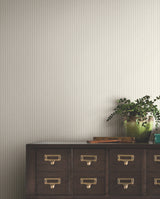 Ticking Stripe Beige by Ronald Redding Faux Linen Non Woven Unpasted Washable Strippable Farmhouse Stripe Wallpaper from Private Reserve - 4211-83540