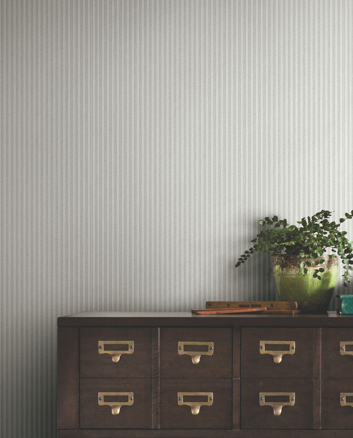 Ticking Stripe Grey Faux Linen Wallpaper by Ronald Redding Designs Private Reserve Farmhouse Stripes Non Woven - York 4211-83541