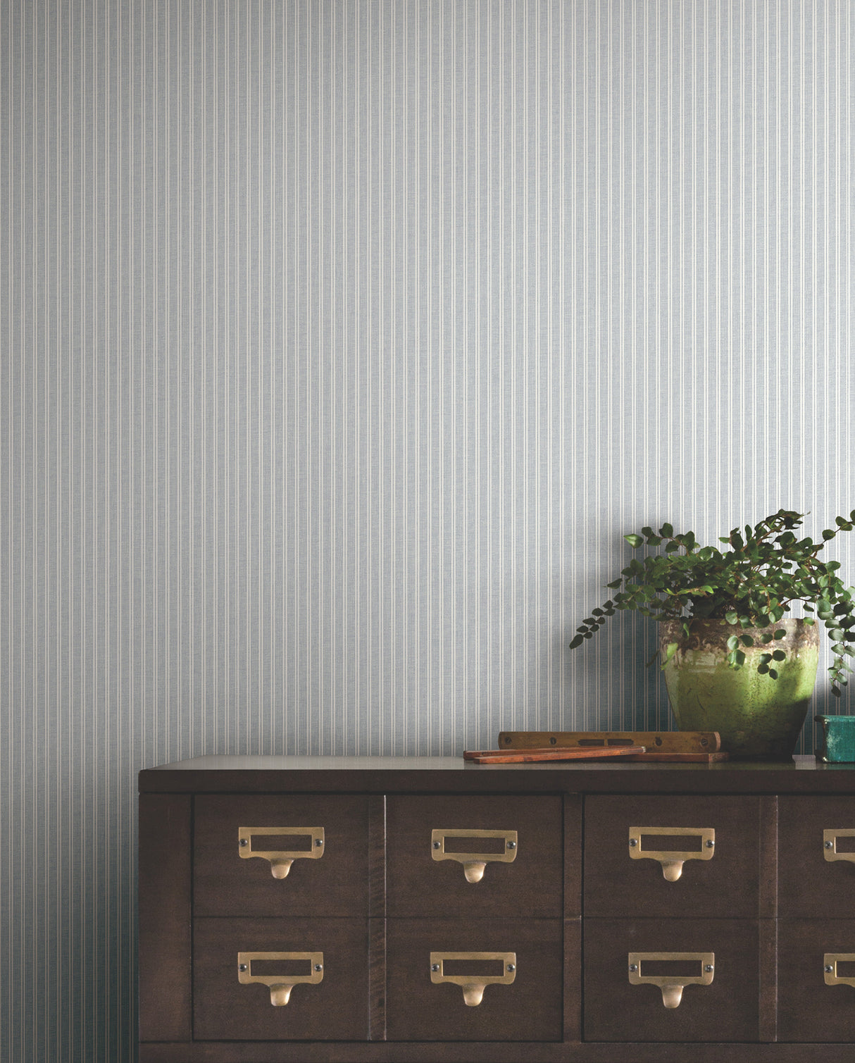Ticking Stripe Blue Faux Linen by Ronald Redding Farmhouse Stripe Wallpaper from Private Reserve Collection - York 4211-83542