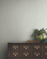 Ticking Stripe Sage Faux Linen Texture by Ronald Redding Classic Farmhouse Non-Woven Unpasted Stripes Wallpaper York Private Reserve 4211-83543