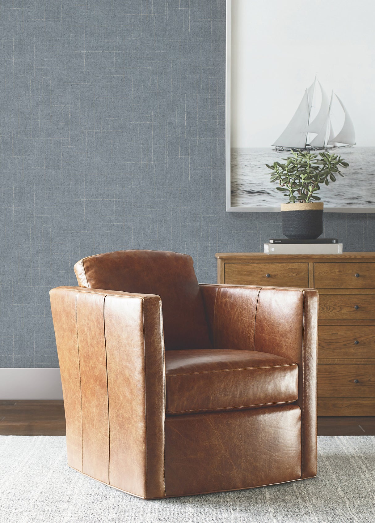 Saratoga Blue Faux Linen Textured Non Woven Unpasted Residential Wallpaper by Ronald Redding from the Private Reserve Collection - 4211-83548