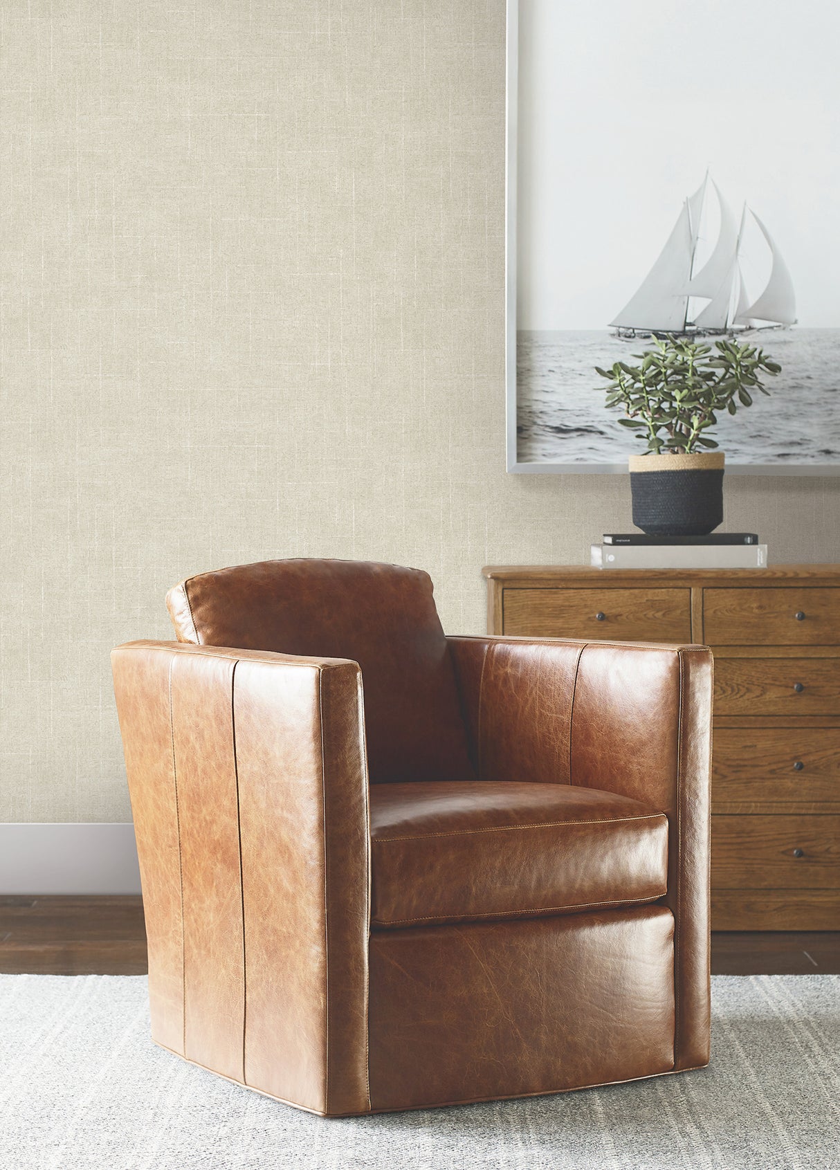 Saratoga Beige Faux Linen Transitional Textured Non Woven Unpasted Wallpaper by Ronald Redding Private Reserve - 4211-83551