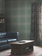 Country Club Plaid Green Faux Linen Masculine Graphic Plaid Washable Non Woven Wallpaper by Ronald Redding Private Reserve - 4211-83563