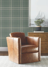 Country Club Plaid Green Faux Linen Masculine Graphic Plaid Washable Non Woven Wallpaper by Ronald Redding Private Reserve - 4211-83563