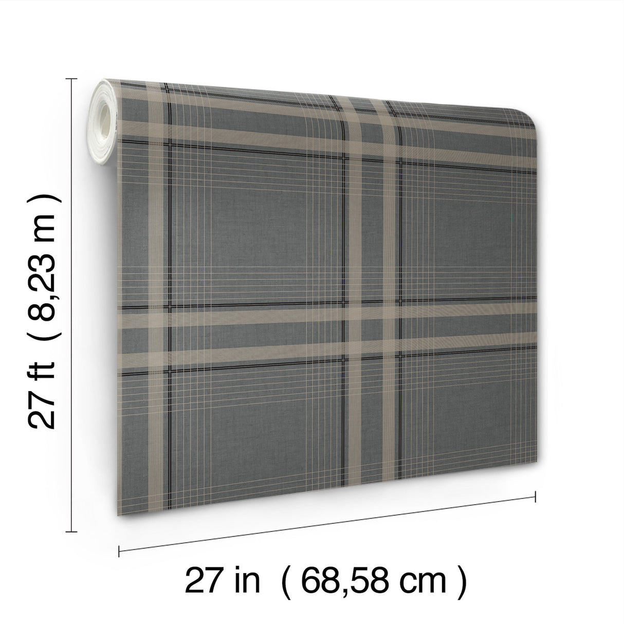 Country Club Plaid Charcoal Faux Linen Straight Match Non Woven Unpasted Washable Wallpaper by Ronald Redding Private Reserve - 4211-83565