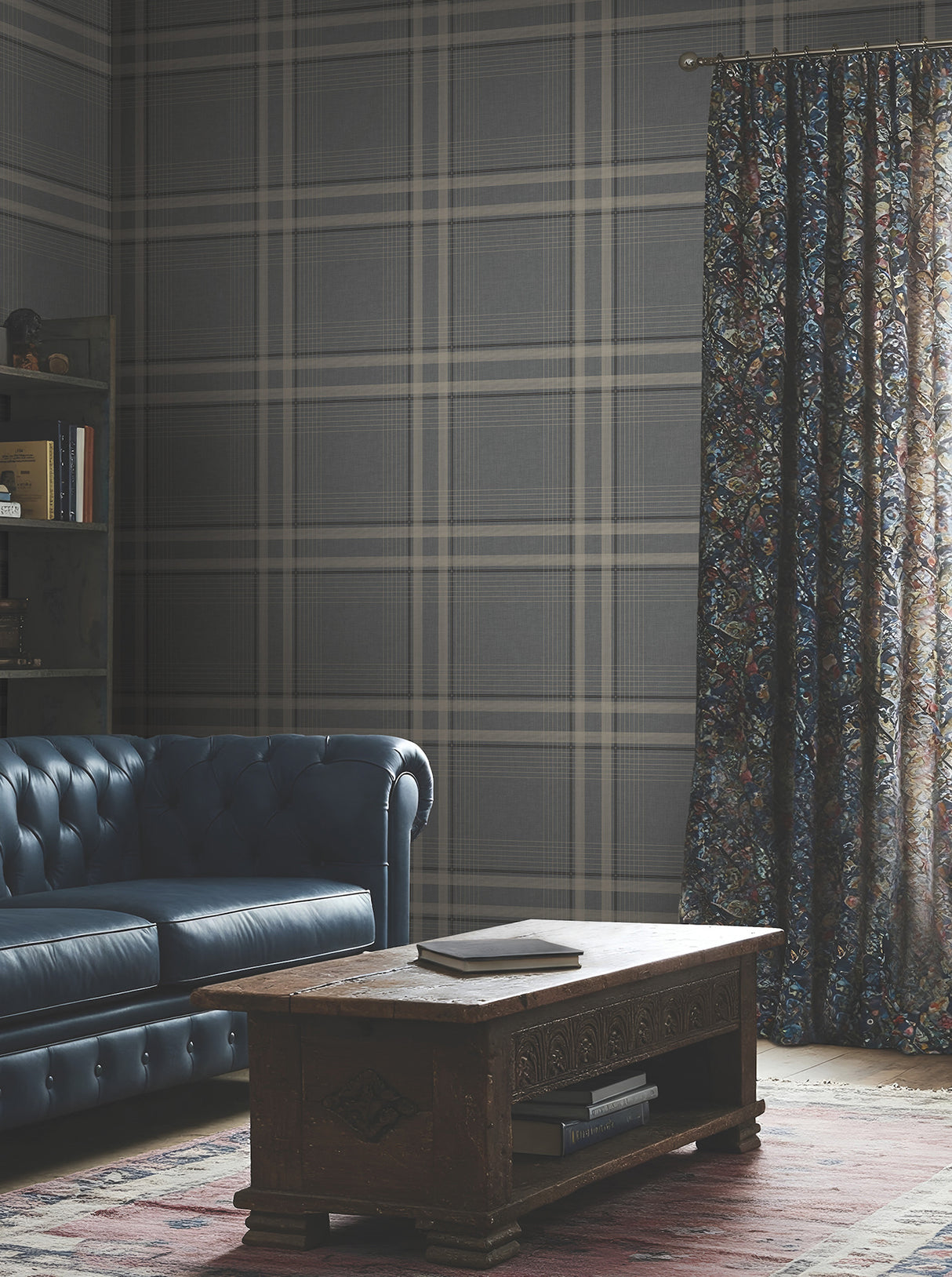 Country Club Plaid Charcoal Faux Linen Straight Match Non Woven Unpasted Washable Wallpaper by Ronald Redding Private Reserve - 4211-83565