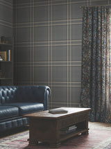 Country Club Plaid Charcoal Faux Linen Straight Match Non Woven Unpasted Washable Wallpaper by Ronald Redding Private Reserve - 4211-83565