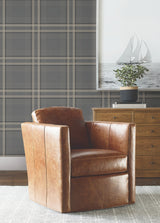 Country Club Plaid Charcoal Faux Linen Straight Match Non Woven Unpasted Washable Wallpaper by Ronald Redding Private Reserve - 4211-83565