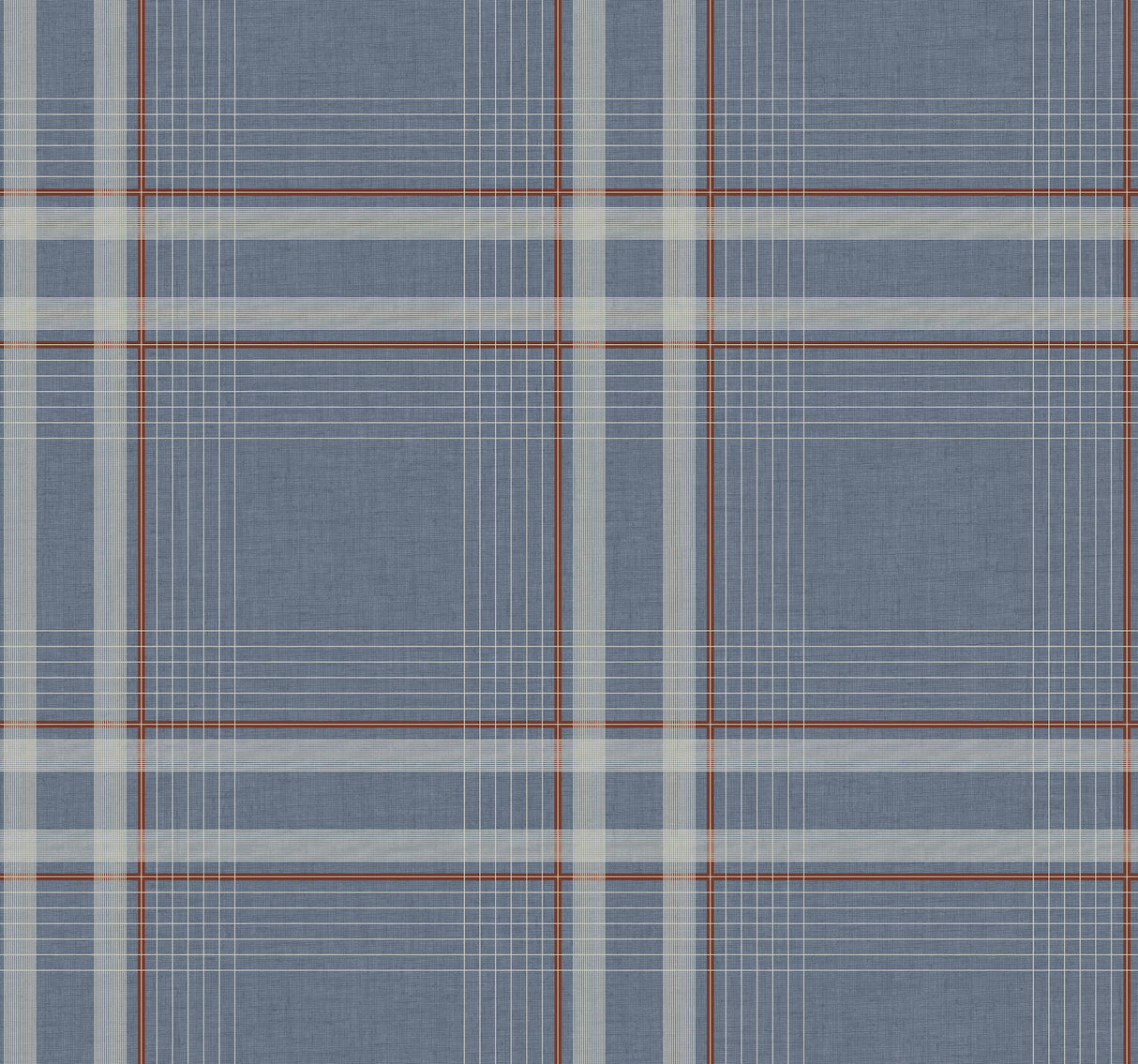 Country Club Plaid Denim Faux Linen Wallpaper featuring a sophisticated plaid pattern with brick red and white lines on a denim blue faux linen ground by Ronald Redding Designs - 4211-83567