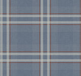 Country Club Plaid Denim Faux Linen Wallpaper featuring a sophisticated plaid pattern with brick red and white lines on a denim blue faux linen ground by Ronald Redding Designs - 4211-83567