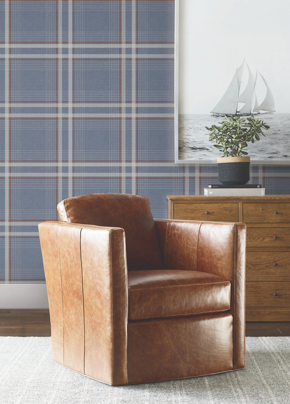 Country Club Plaid Denim Faux Linen Wallpaper in Denim Blue by Ronald Redding Designs Private Reserve Collection - 4211-83567