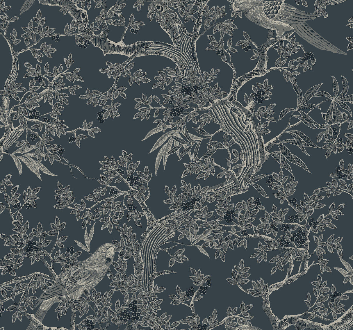 Regal Ridge Dark Blue Trailing Tree Wallpaper by Ronald Redding - intricate botanical pattern featuring parrots perched on berry-laden trees in cream and navy on a rich aegean blue background