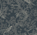 Regal Ridge Dark Blue Trailing Tree Wallpaper by Ronald Redding - intricate botanical pattern featuring parrots perched on berry-laden trees in cream and navy on a rich aegean blue background