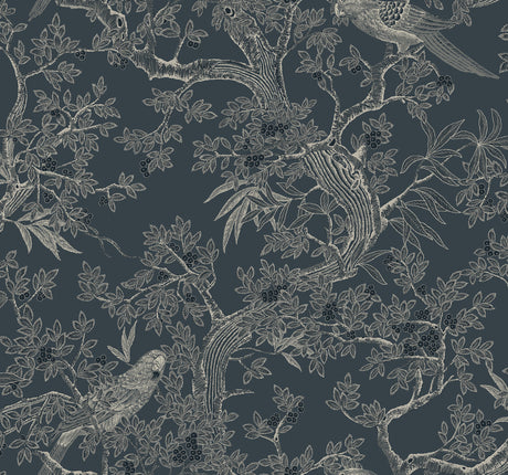 Regal Ridge Dark Blue Trailing Tree Wallpaper by Ronald Redding - intricate botanical pattern featuring parrots perched on berry-laden trees in cream and navy on a rich aegean blue background