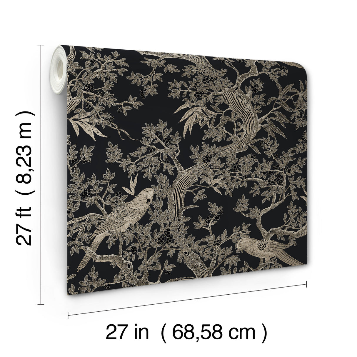 Regal Ridge Black by Ronald Redding Trailing Berry Tree with Parrots Botanical Non Woven Unpasted Wallpaper Private Reserve - 4211-83570