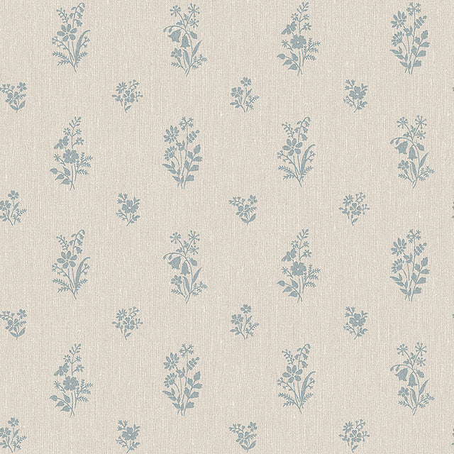 Petit Fleurs blue floral wallpaper by Boråstapeter for Schumacher, hand-painted wildflower sprigs on a neutral background