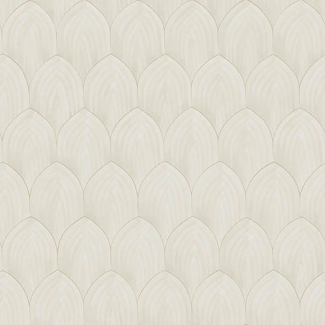 Golden Arches wallpaper in stone and gold with overlapping arches and subtle metallic accents, designed by Boråstapeter for Schumacher.