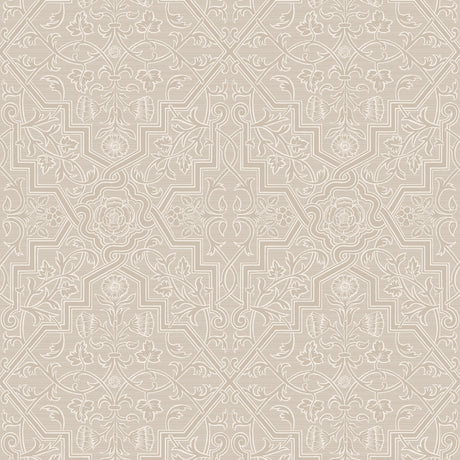 Rosenvinge wallpaper in natural by Boråstapeter for Schumacher, featuring looping vines, leaves, and roses in a geometric pattern.